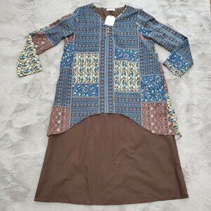 CELLABIE Midi Dress Womans 2XL Long Sleeve Linen Blend Blue Brown Layered NWT